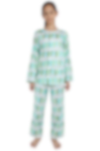White & Turquoise Printed Night Suit For Girls by Nigh Nigh label