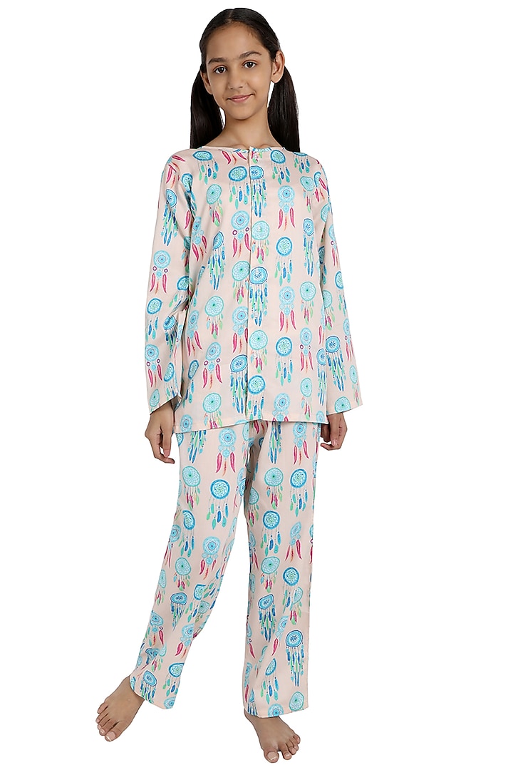 Peach Cotton Printed Night Suit For Girls by Nigh Nigh label