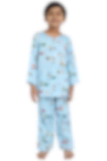 Sky Blue Cotton Printed Night Suit For Boys by Nigh Nigh label