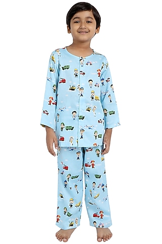 Sky Blue Cotton Printed Night Suit For Boys by Nigh Nigh label
