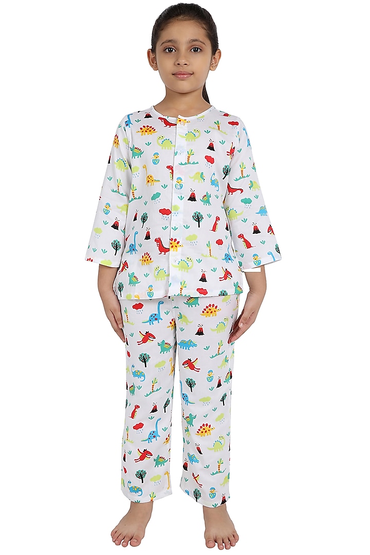 White Printed Night Suit In Cotton For Girls by Nigh Nigh label