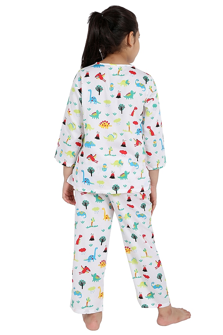 White Printed Night Suit In Cotton For Girls by Nigh Nigh label at Pernia's Pop Up Shop