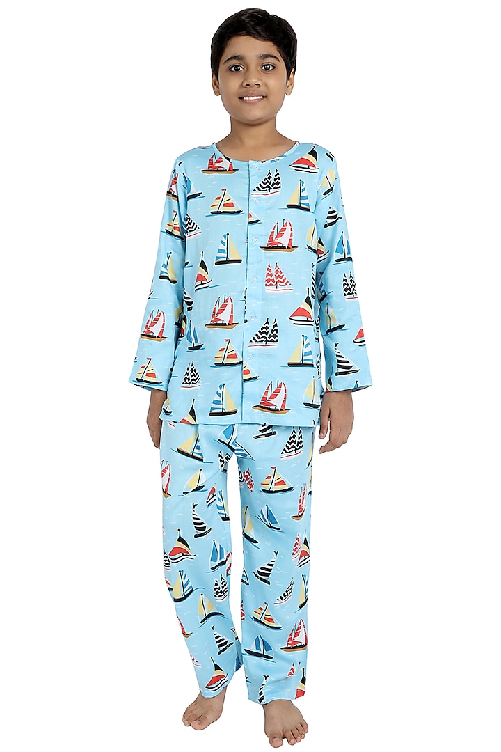 Sky Blue Cotton Night Suit For Boys by Nigh Nigh label