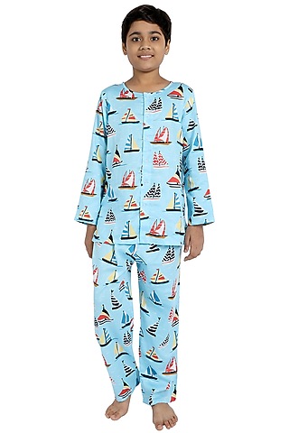 Sky Blue Cotton Night Suit For Boys by Nigh Nigh label