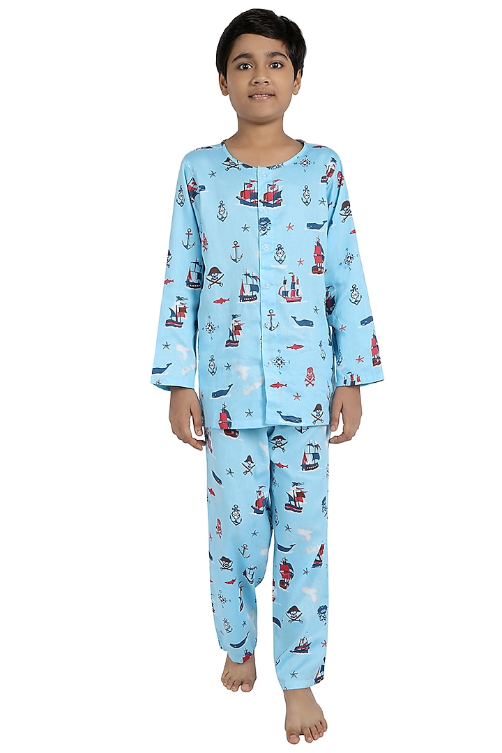 Sky Blue Cotton Night Suit With Print For Boys by Nigh Nigh label