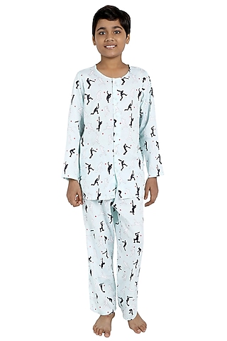 Powder Blue Printed Night Suit For Boys by Nigh Nigh label
