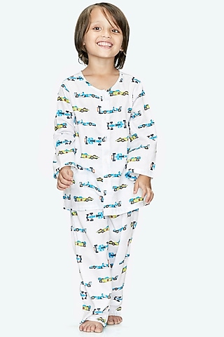 White Night Suit With Print For Boys by Nigh Nigh label