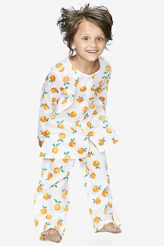 White Cotton Night Suit With Print by Nigh Nigh label