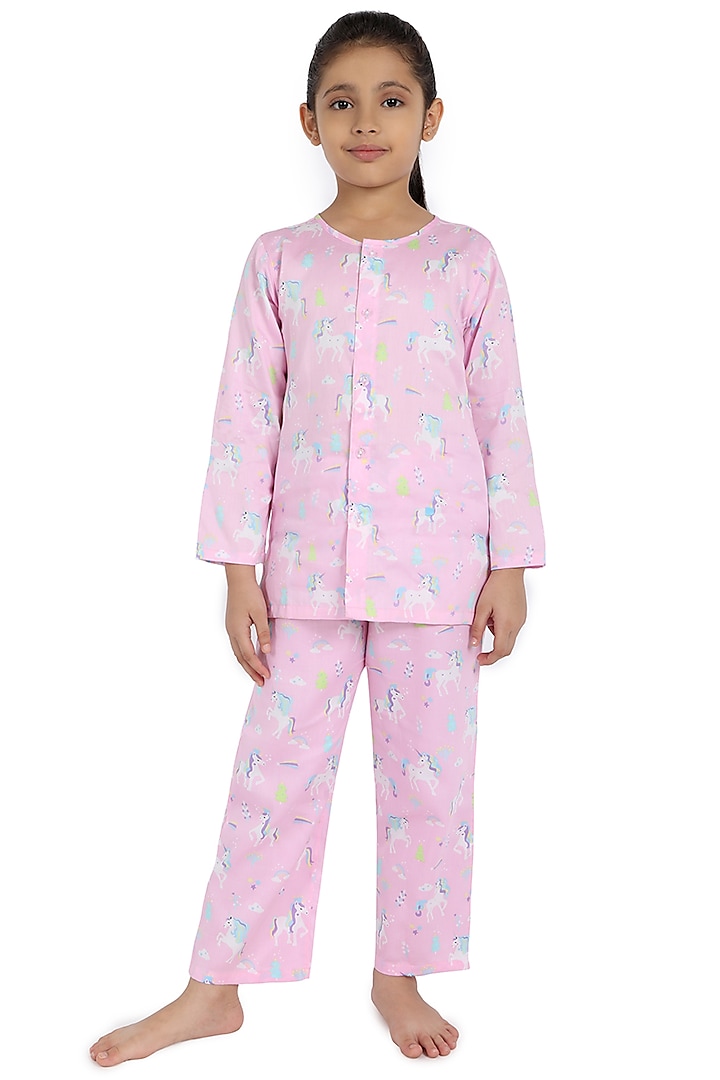 Baby Pink Printed Night Suit For Girls by Nigh Nigh label