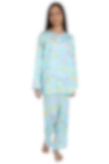 Turquoise Printed Night Suit For Girls by Nigh Nigh label