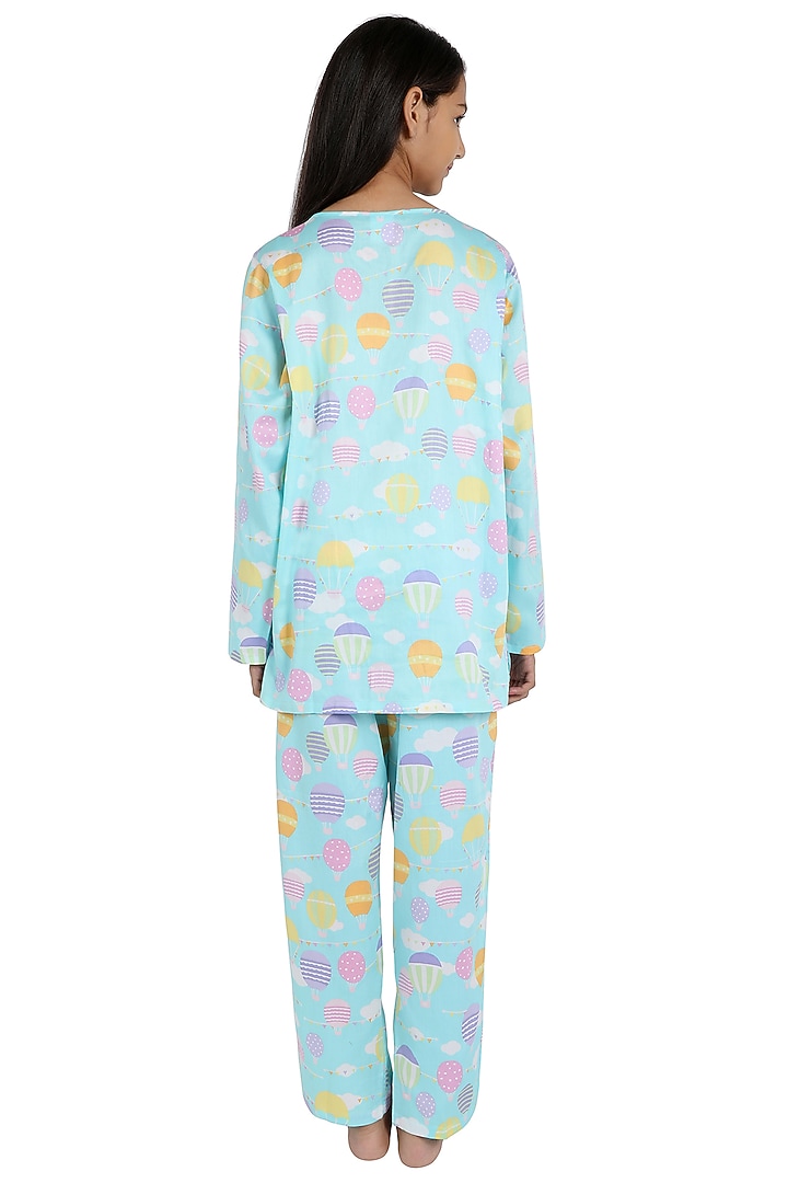 Turquoise Printed Night Suit For Girls by Nigh Nigh label at Pernia's Pop Up Shop