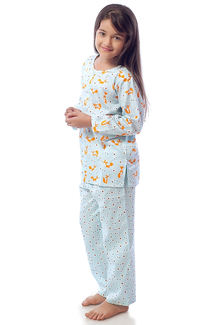 Powder Blue Cotton Printed Night Suit For Girls by Nigh Nigh label