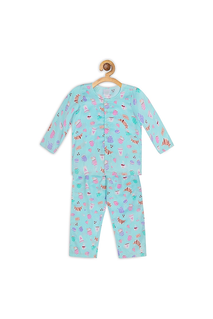 Sky Blue Cotton Printed Night Suit For Girls by Nigh Nigh label