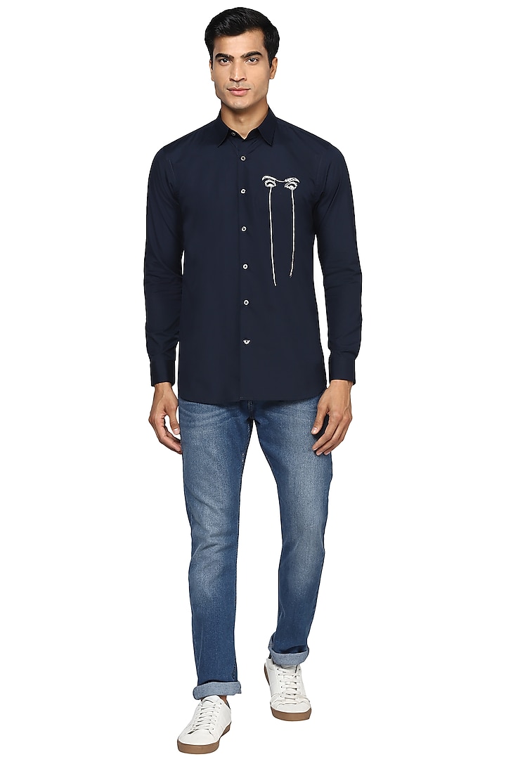 Navy Blue Embroidered Shirt by NOONOO