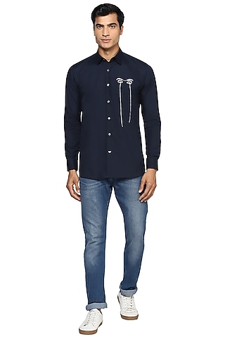 Navy Blue Embroidered Shirt by NOONOO