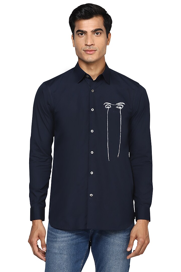 Navy Blue Embroidered Party Wear Shirt by NOONOO at Pernia's Pop Up Shop