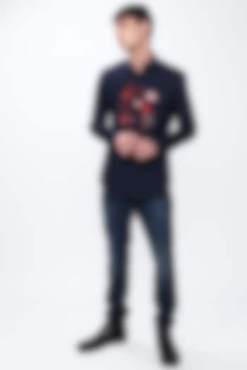 Midnight Blue Embroidered Party Wear Shirt by NOONOO at Pernia's Pop Up Shop