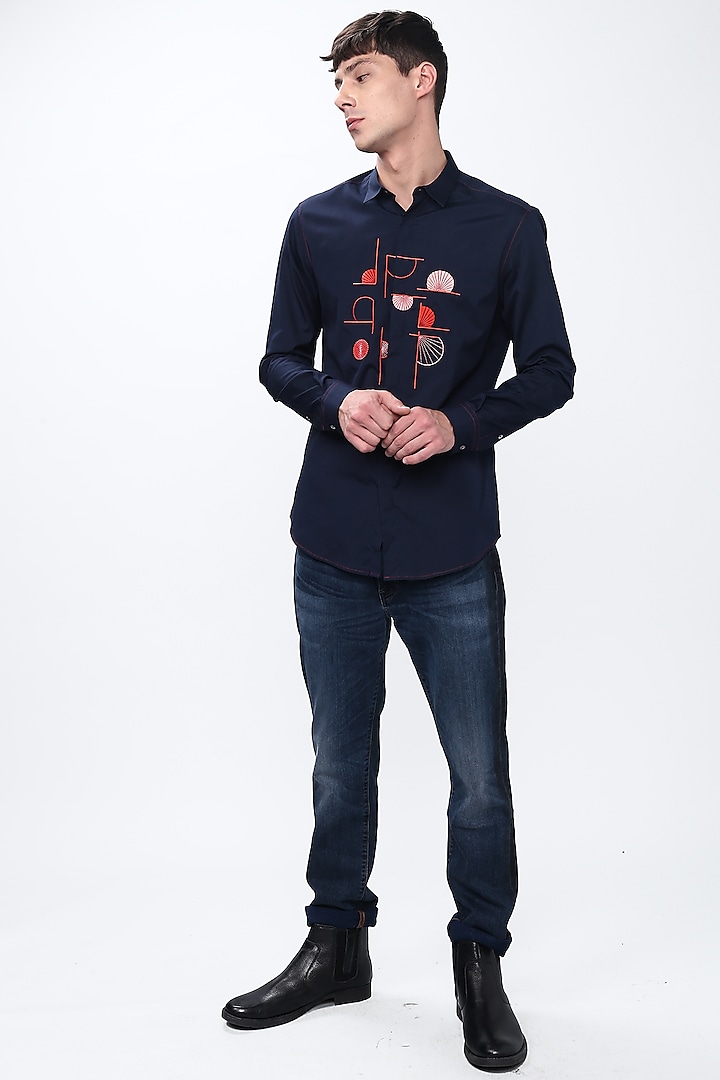 Midnight Blue Embroidered Party Wear Shirt by NOONOO at Pernia's Pop Up Shop