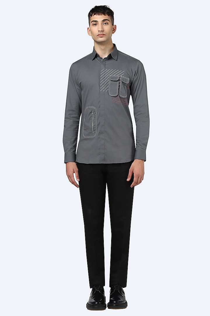 Grey Embroidered Cotton Party Wear Shirt by NOONOO at Pernia's Pop Up Shop