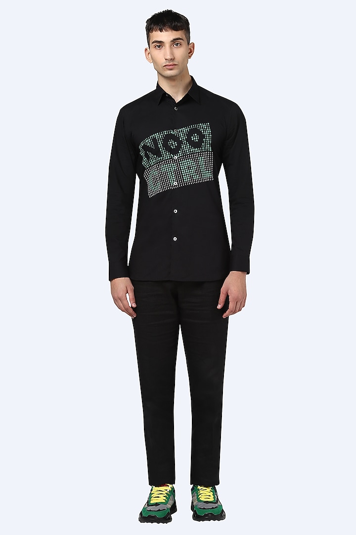 Black & Green Screen Printed Party Wear Shirt by NOONOO at Pernia's Pop Up Shop