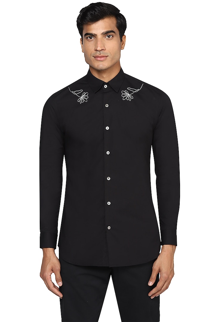Black Silver Zari Embroidered Shirt by NOONOO