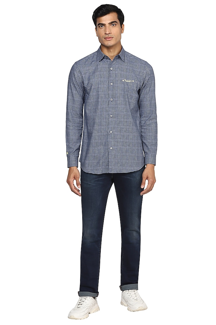Dark Blue Checkered & Embroidered Shirt by NOONOO