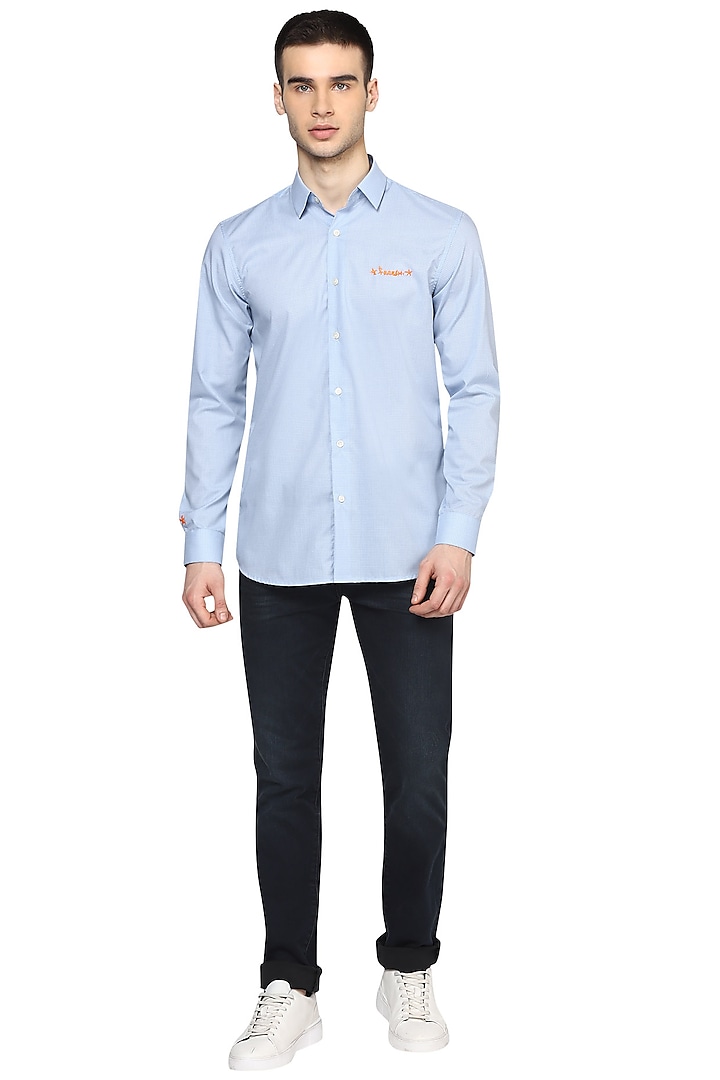 Sky Blue Checkered & Embroidered Shirt by NOONOO