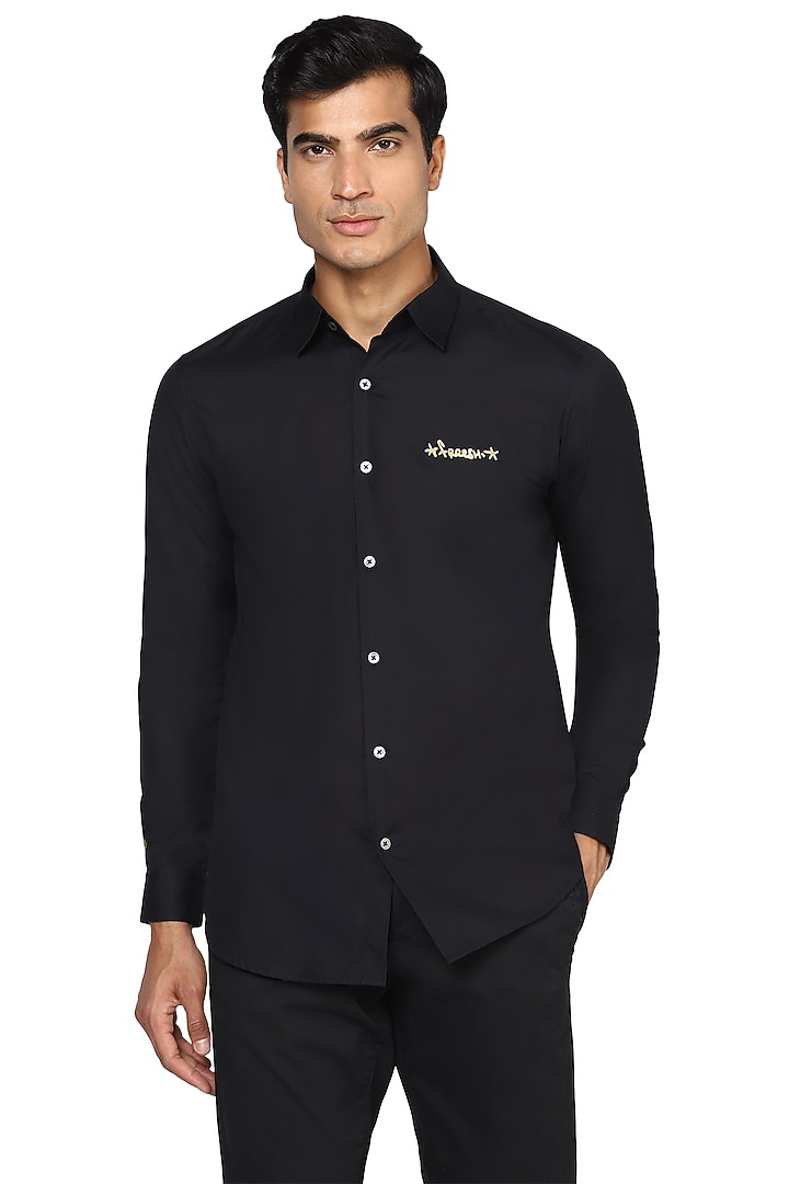 Black Zari Embroidered Summer Shirt by NOONOO at Pernia's Pop Up Shop