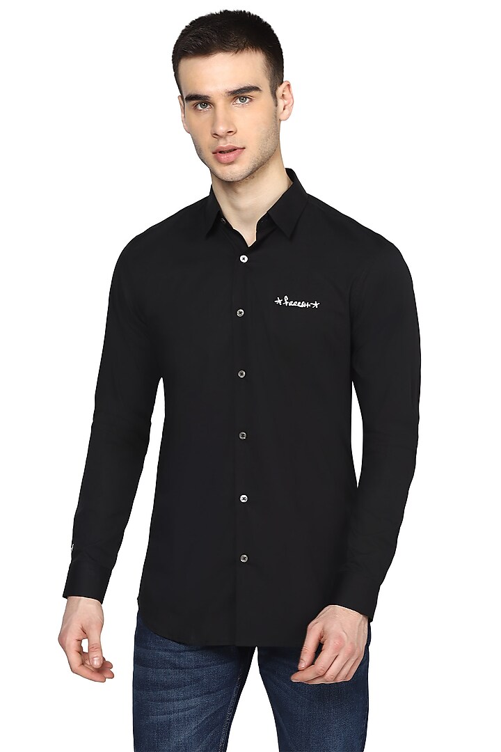 Black Summer Shirt With Silver Embroidery by NOONOO at Pernia's Pop Up Shop