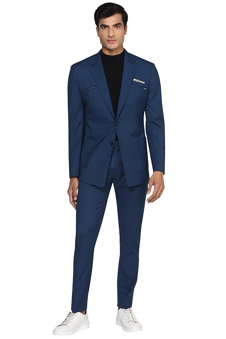 Airforce Blue Embroidered Notched Lapel Blazer Set by NOONOO