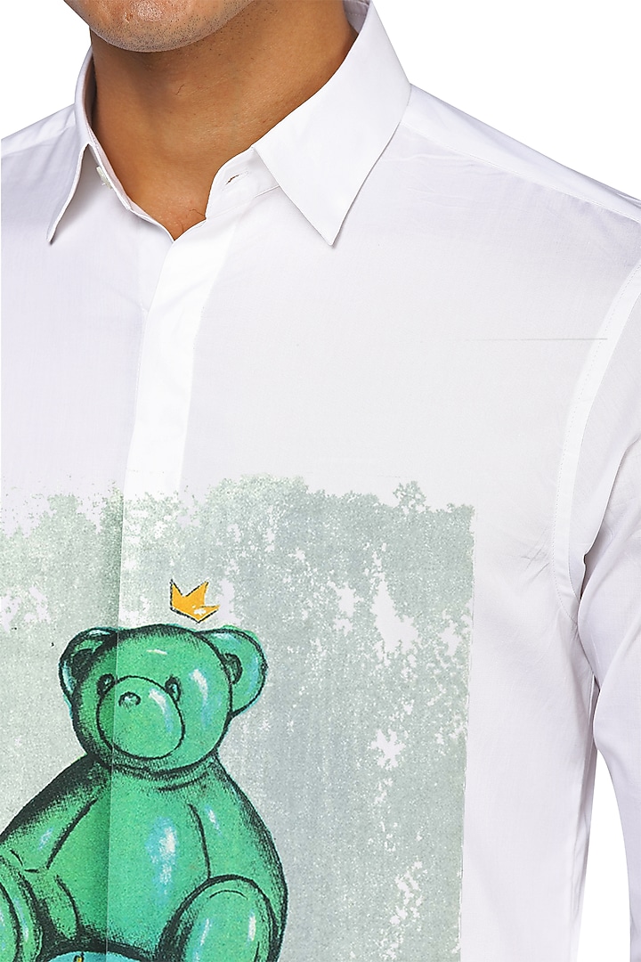 White Teddy Printed Party Wear Shirt by NOONOO at Pernia's Pop Up Shop