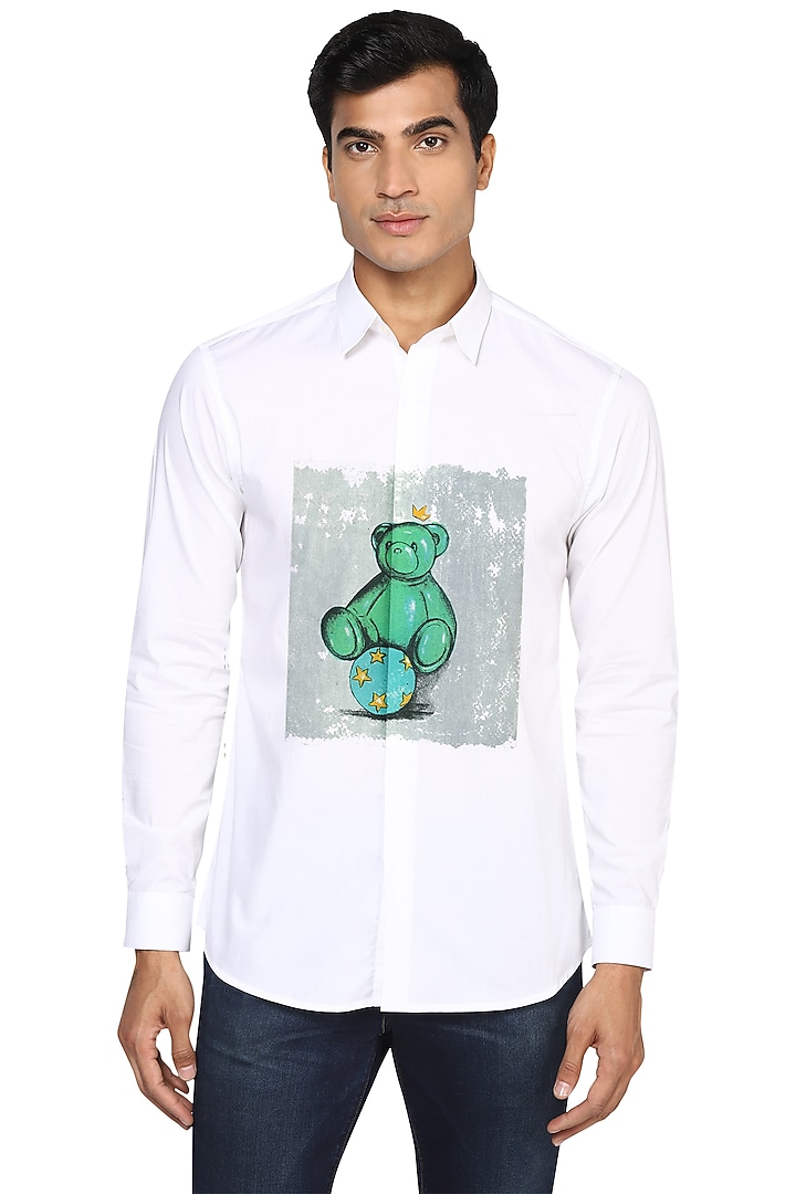 White Teddy Printed Party Wear Shirt by NOONOO at Pernia's Pop Up Shop