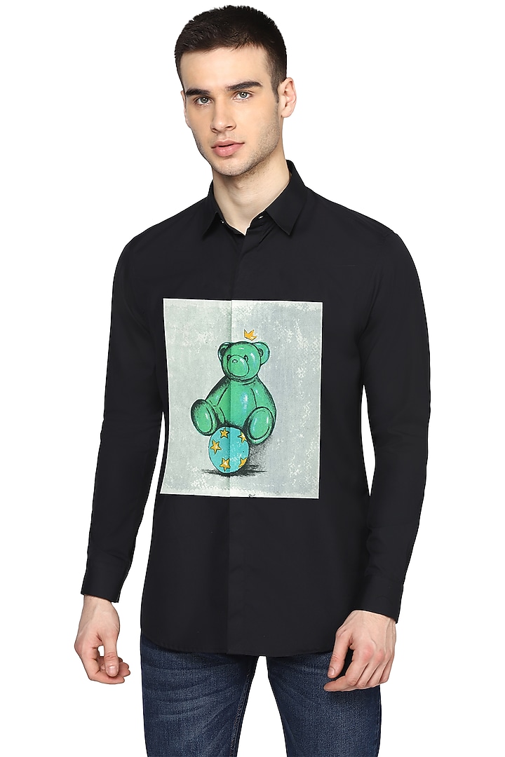 Black Teddy Printed Party Wear Shirt by NOONOO at Pernia's Pop Up Shop