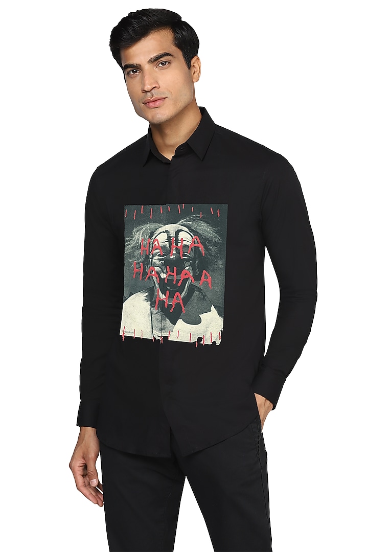 Black Laughing Joker Printed Party Wear Shirt by NOONOO at Pernia's Pop Up Shop