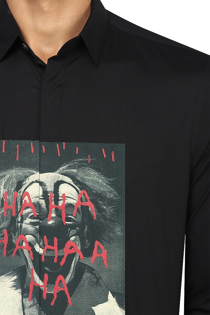 Black Laughing Joker Printed Party Wear Shirt by NOONOO at Pernia's Pop Up Shop