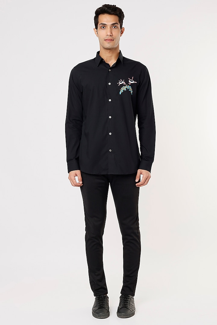 Black Cotton Embroidered Shirt by NOONOO
