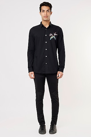 Black Cotton Embroidered Shirt by NOONOO