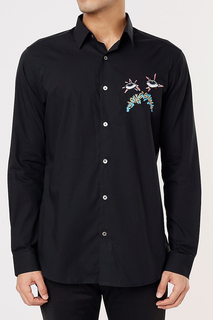 Black Cotton Embroidered Party Wear Shirt by NOONOO at Pernia's Pop Up Shop