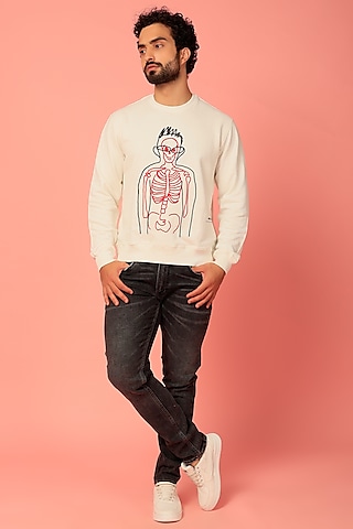 White Pure Cotton Printed Sweatshirt by NOONOO