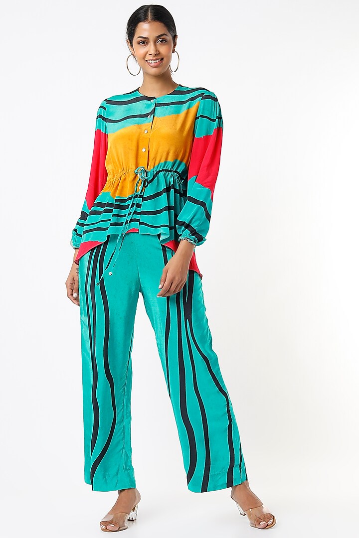 Turquoise Blue Printed Pant Set by Nautanky By Nilesh Parashar at Pernia's Pop Up Shop