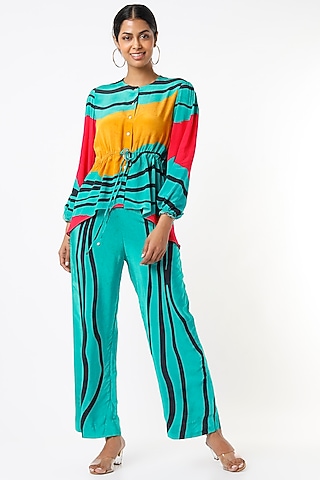 Turquoise Blue Printed Pant Set by Nautanky By Nilesh Parashar