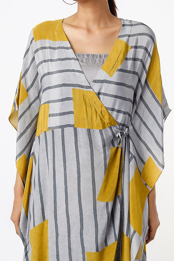 Grey & Yellow Printed Kaftan Summer Dress by Nautanky By Nilesh Parashar at Pernia's Pop Up Shop