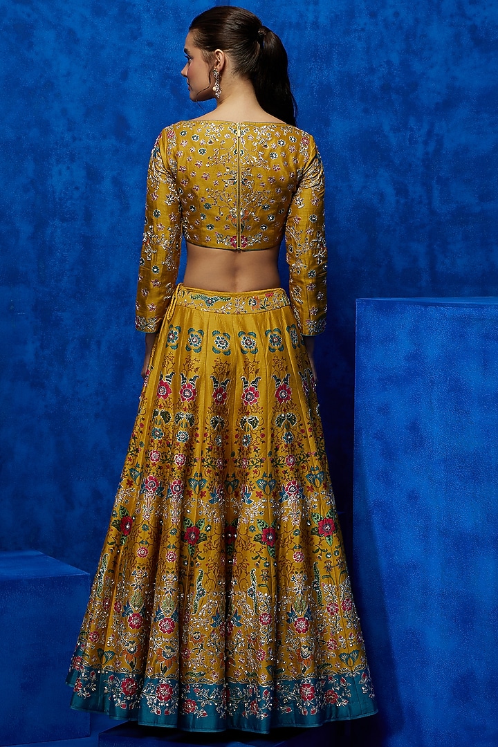 Mustard Soft Silk Floral Printed & Zari Embroidered Wedding Lehenga Set by Nautanky By Nilesh Parashar at Pernia's Pop Up Shop