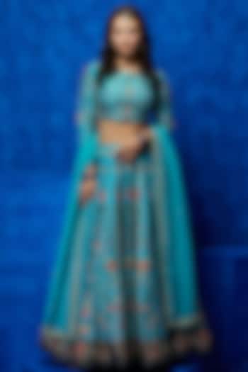 Turquoise Soft Silk Floral Printed & Zari Embroidered Wedding Lehenga Set by Nautanky By Nilesh Parashar at Pernia's Pop Up Shop