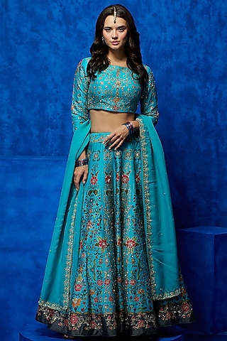 Turquoise Soft Silk Floral Printed & Zari Embroidered Lehenga Set by Nautanky By Nilesh Parashar