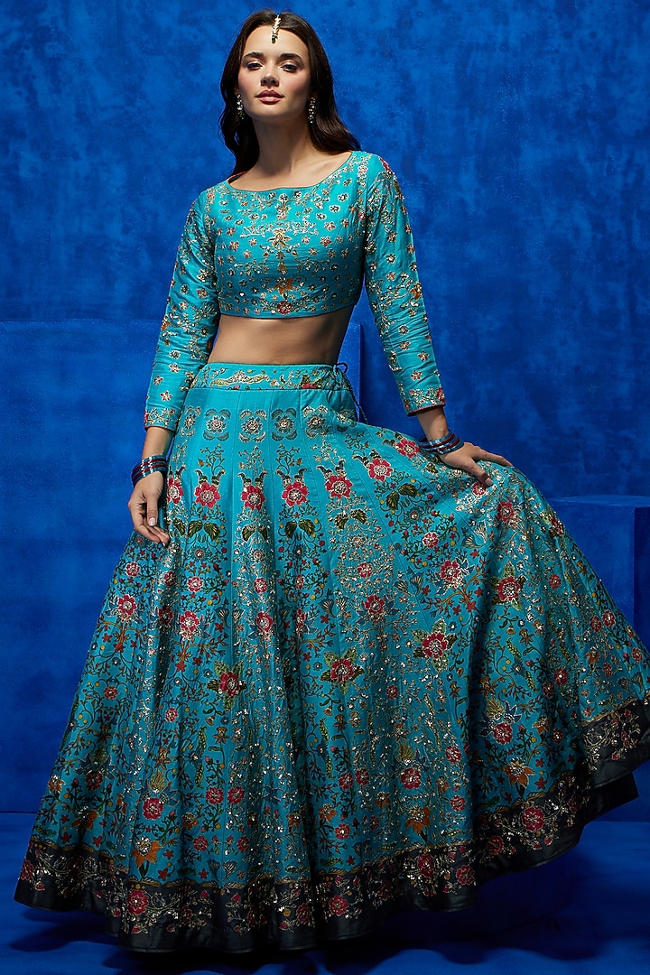 Turquoise Soft Silk Floral Printed & Zari Embroidered Wedding Lehenga Set by Nautanky By Nilesh Parashar at Pernia's Pop Up Shop