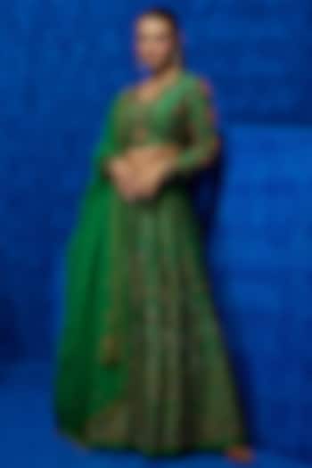 Emerald Soft Silk Floral Printed & Hand Embroidered Bridal Lehenga Set by Nautanky By Nilesh Parashar at Pernia's Pop Up Shop