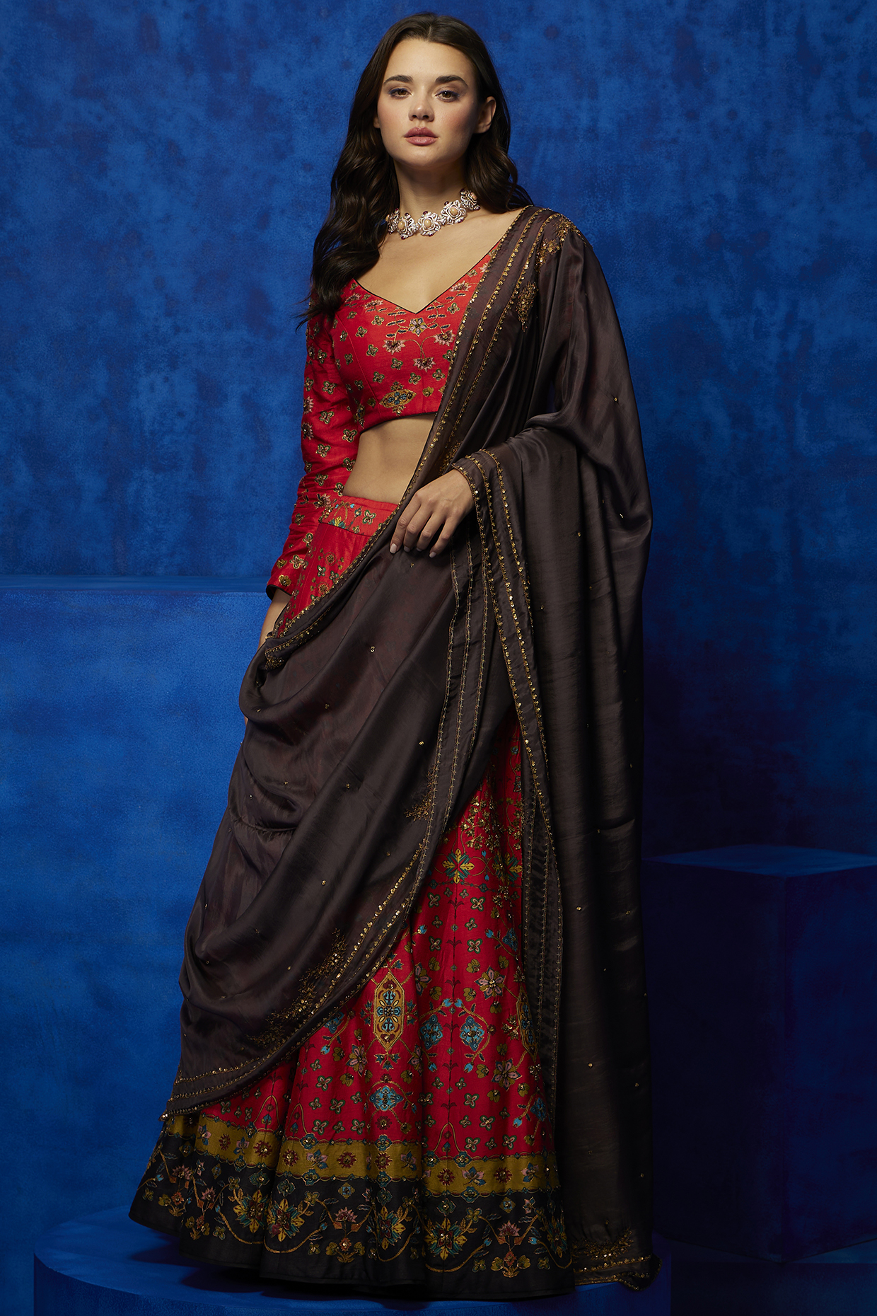 Tangerine Soft Silk Floral Printed & Hand Embroidered Wedding Lehenga Set by Nautanky By Nilesh Parashar at Pernia's Pop Up Shop