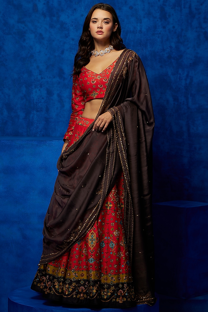 Tangerine Soft Silk Floral Printed & Hand Embroidered Wedding Lehenga Set by Nautanky By Nilesh Parashar at Pernia's Pop Up Shop