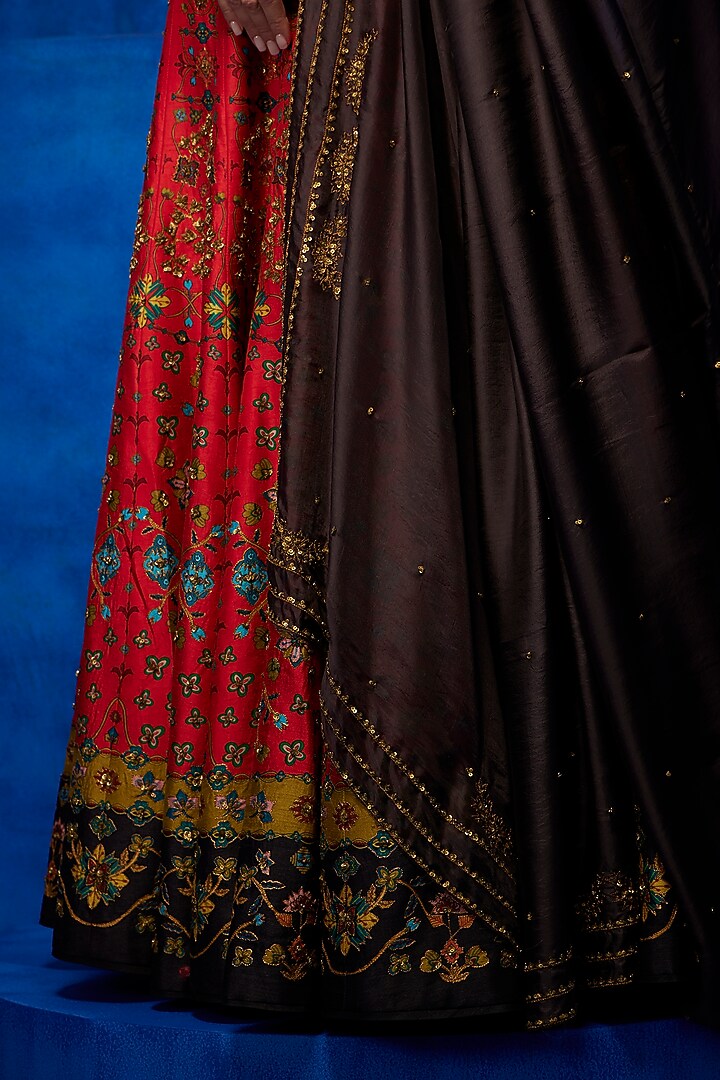 Tangerine Soft Silk Floral Printed & Hand Embroidered Wedding Lehenga Set by Nautanky By Nilesh Parashar at Pernia's Pop Up Shop